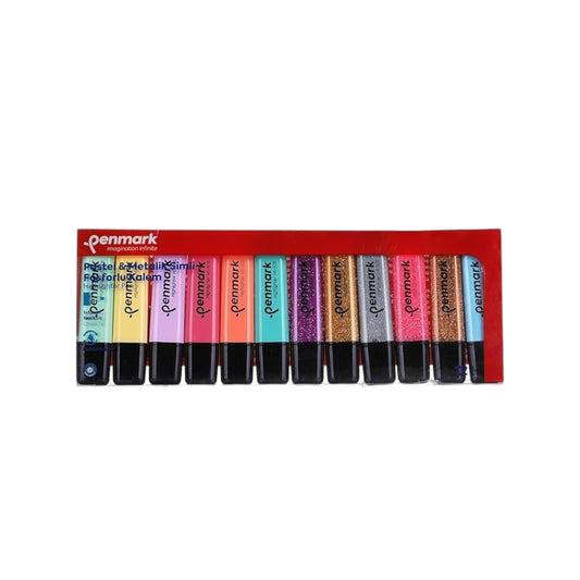 Elite Stationery House PENMARK set of 12 pastel and glitter highlighters with chisel tips in a plastic display box