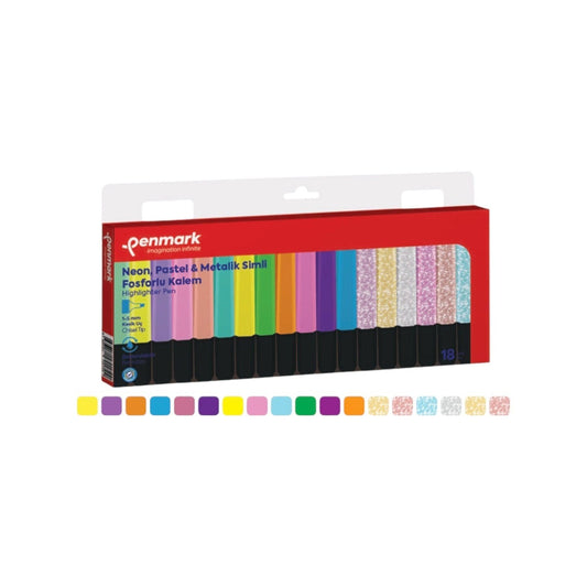 Elite Stationery House Penmark set of 18 neon, pastel, and metallic glitter highlighters in a display box