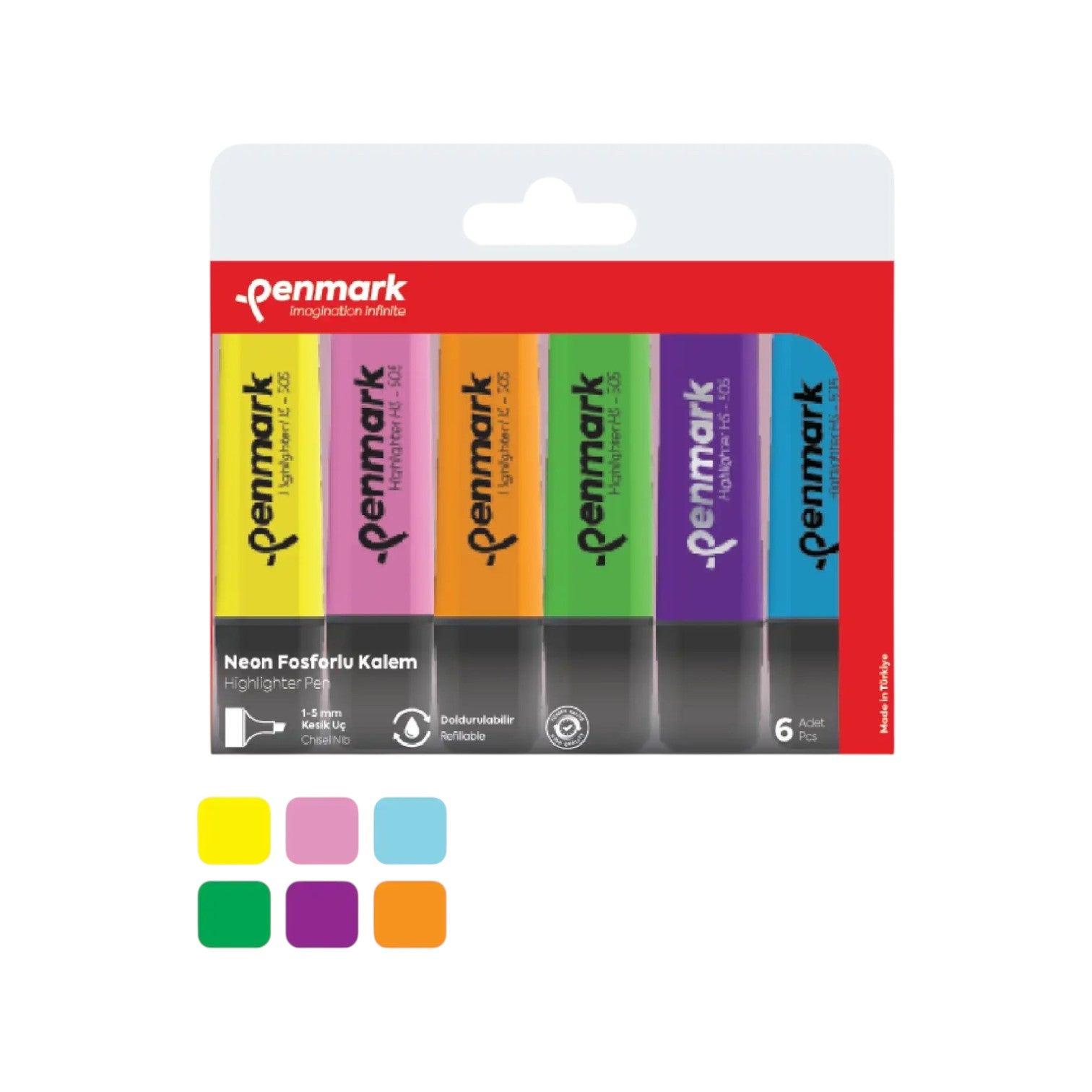 Elite Stationery House Penmark set of 6 neon chisel tip highlighters in assorted bright fluorescent colors