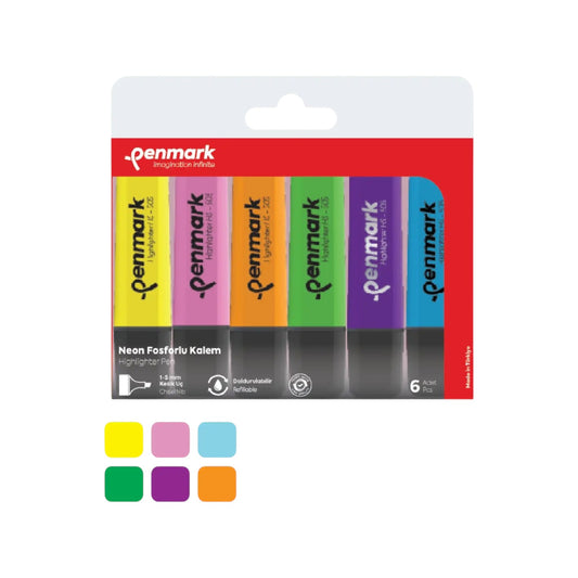 Elite Stationery House Penmark set of 6 neon chisel tip highlighters in assorted bright fluorescent colors