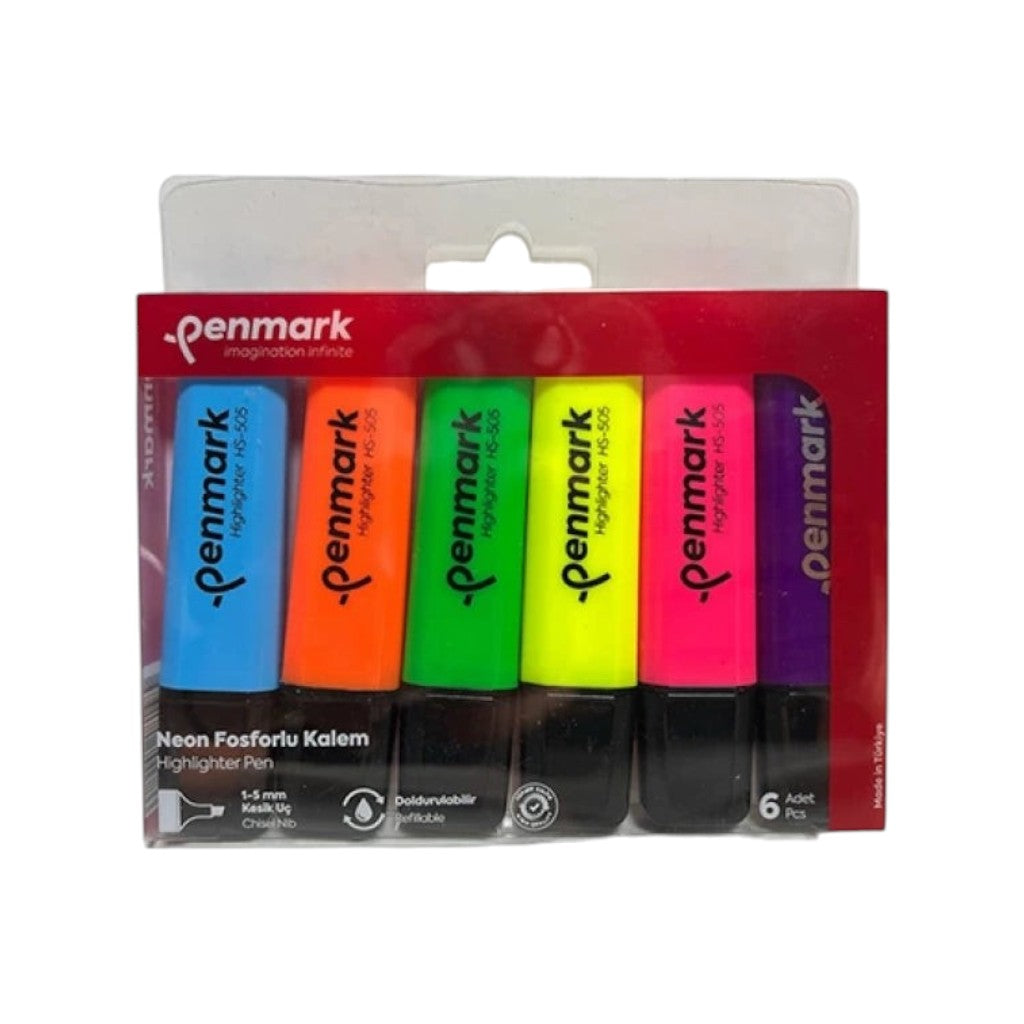 Elite Stationery House Penmark set of 6 neon highlighter pens in assorted bright colours with chisel tips