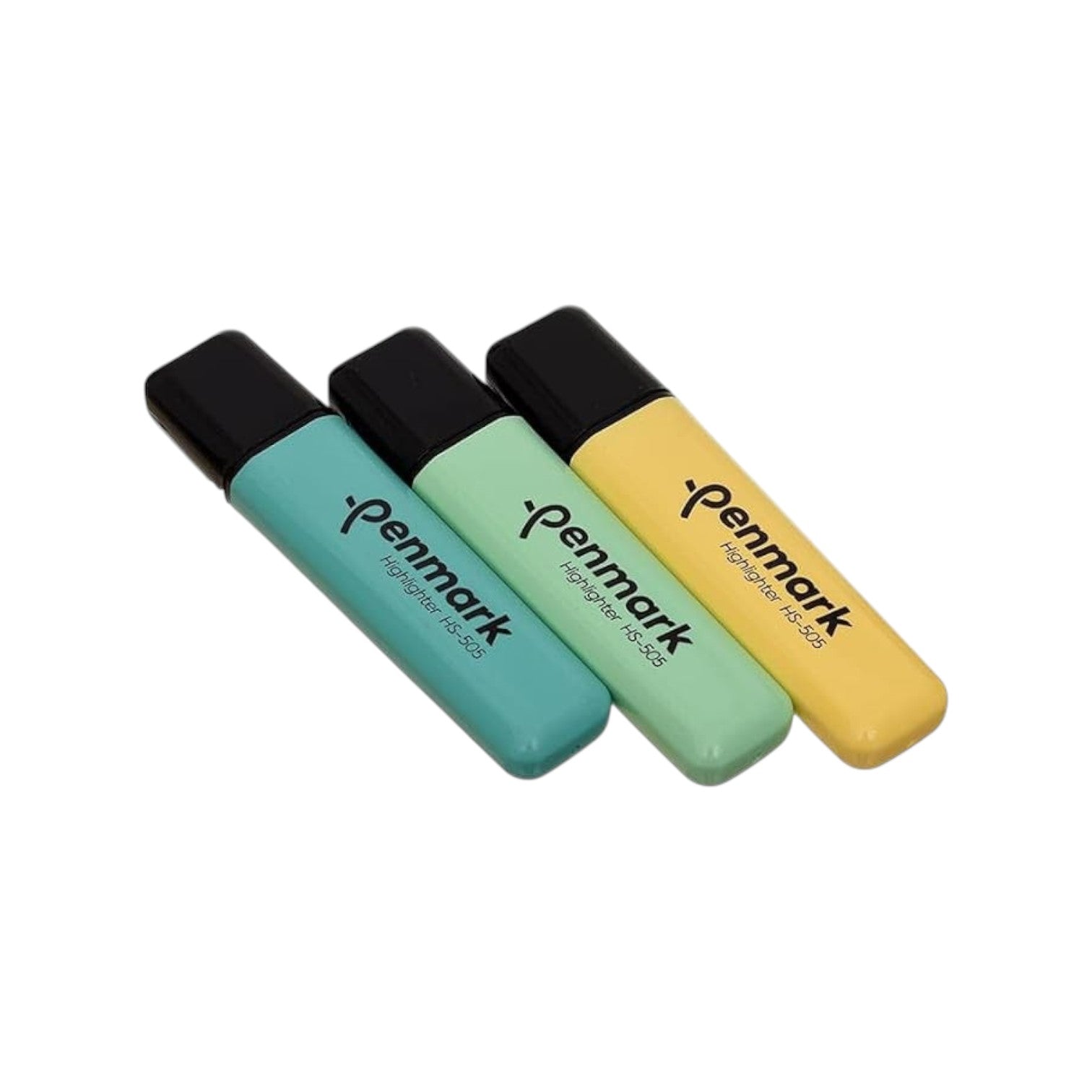 Elite Stationery House Penmark pastel highlighters in teal, mint green, and yellow with black caps and branding