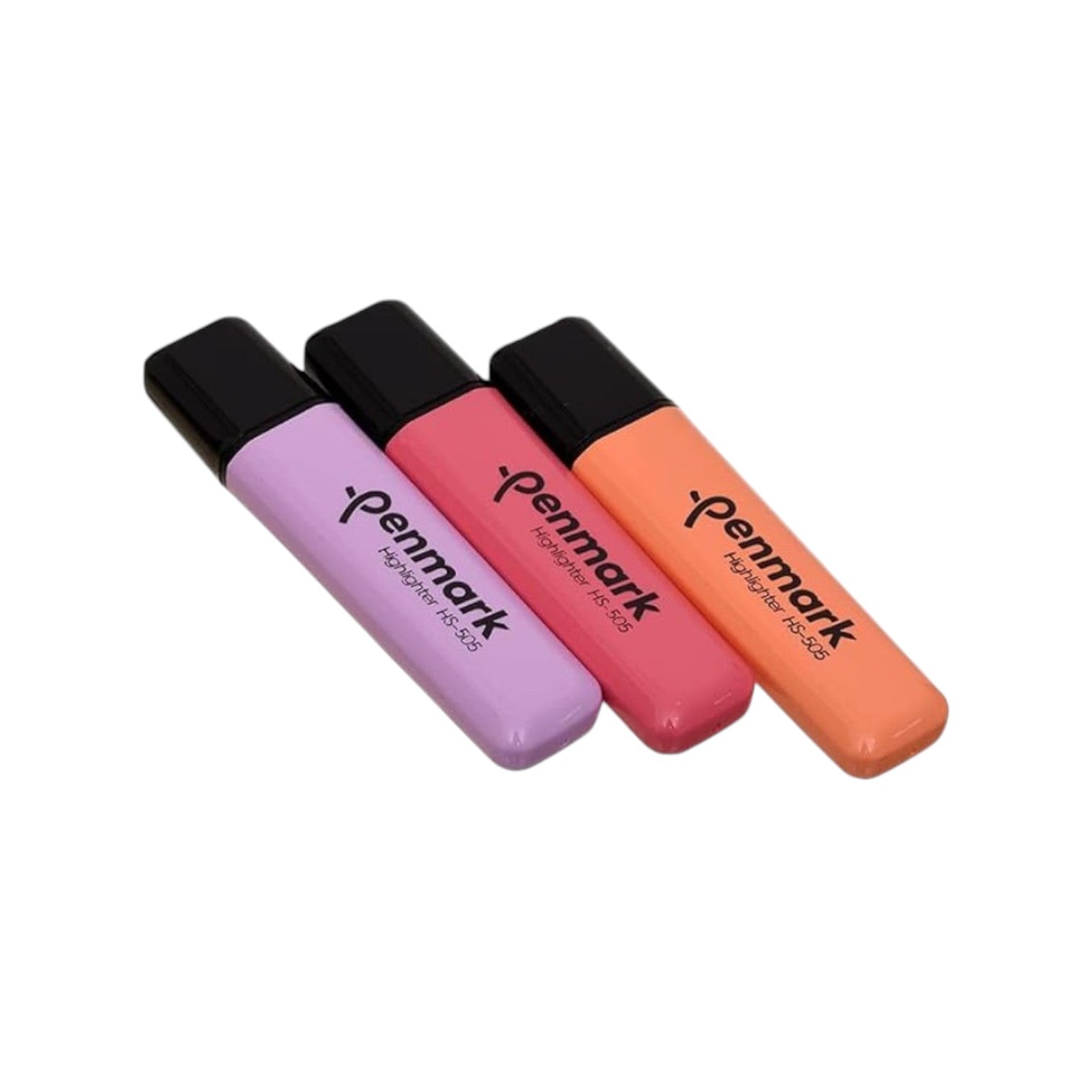 Elite Stationery House Penmark pastel highlighters in purple, pink, and orange with black caps and quick-dry ink