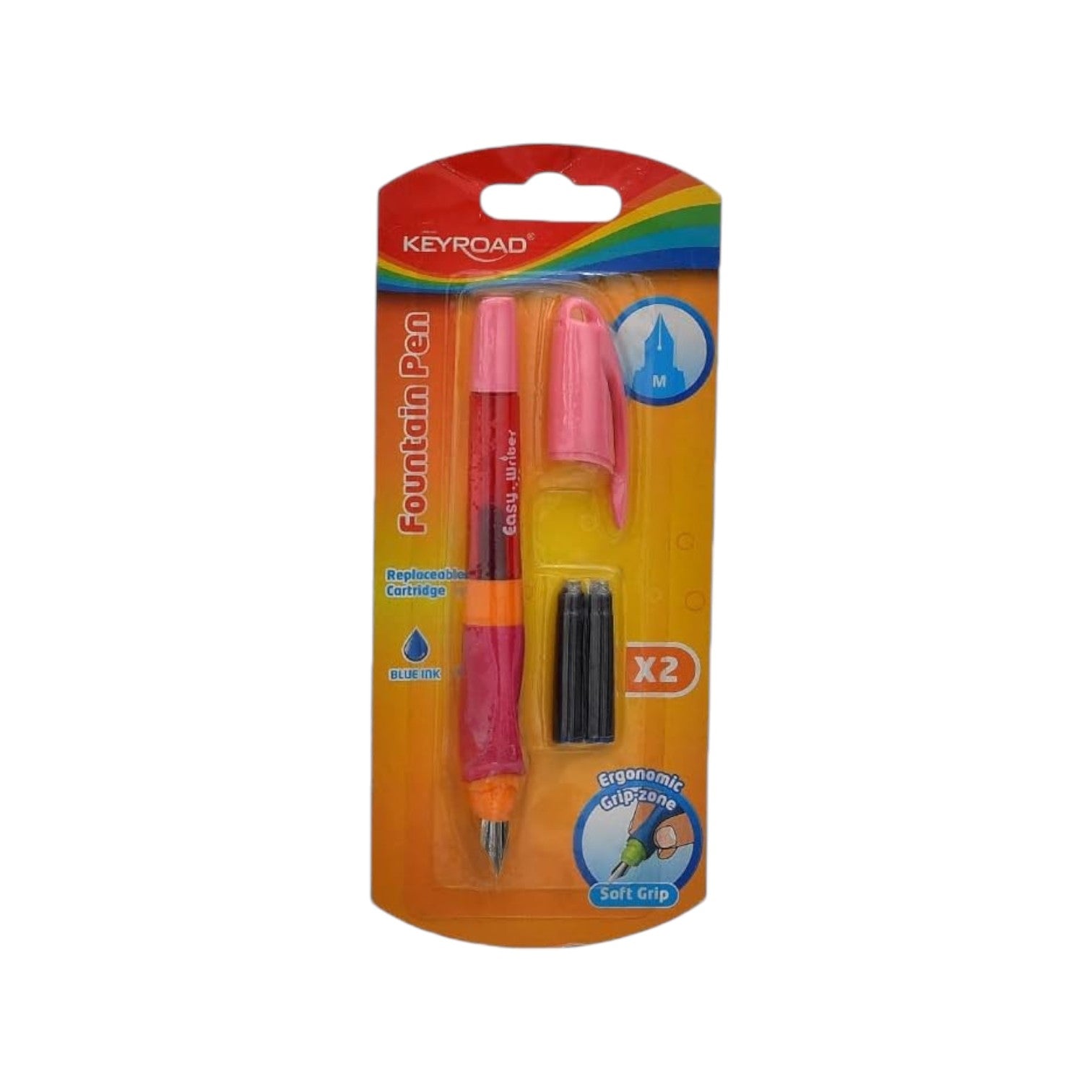 Elite Stationery House Key Road Easy Writer fountain pen in pink with blue ink cartridges and ergonomic soft grip