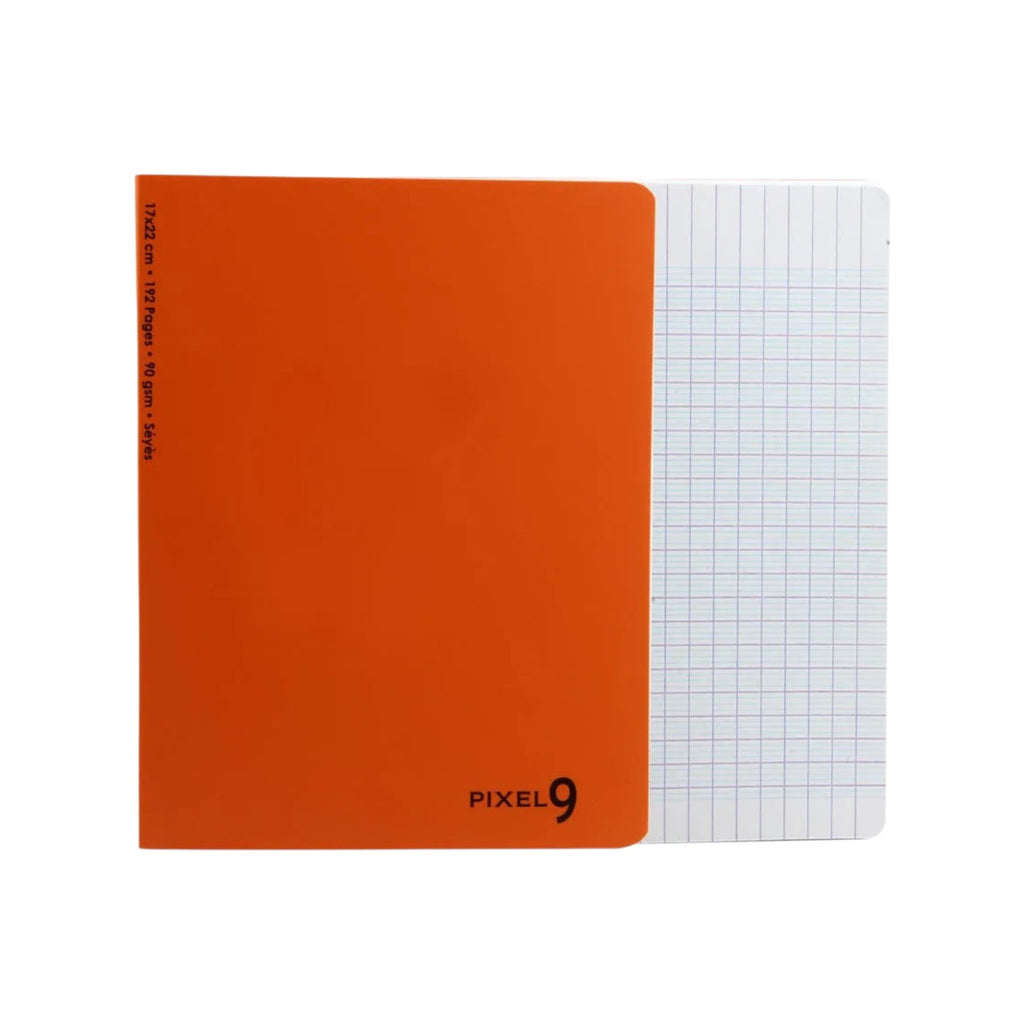 Elite Stationery House Pixel 9 notebook with a bright orange plastic cover and 196 Seyes ruled paper sheets