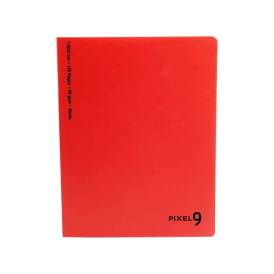 Elite Stationery House Pixel 9 notebook with a vibrant red plastic cover and 196 Seyes ruled sheets