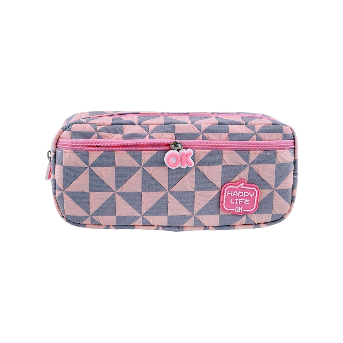 Elite Stationery House quilted pencil case in pink and grey with a geometric pattern and Happy Life zipper charm.