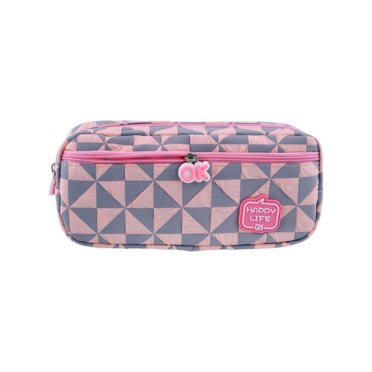Elite Stationery House quilted pencil case in pink and grey with a geometric pattern and Happy Life zipper charm.