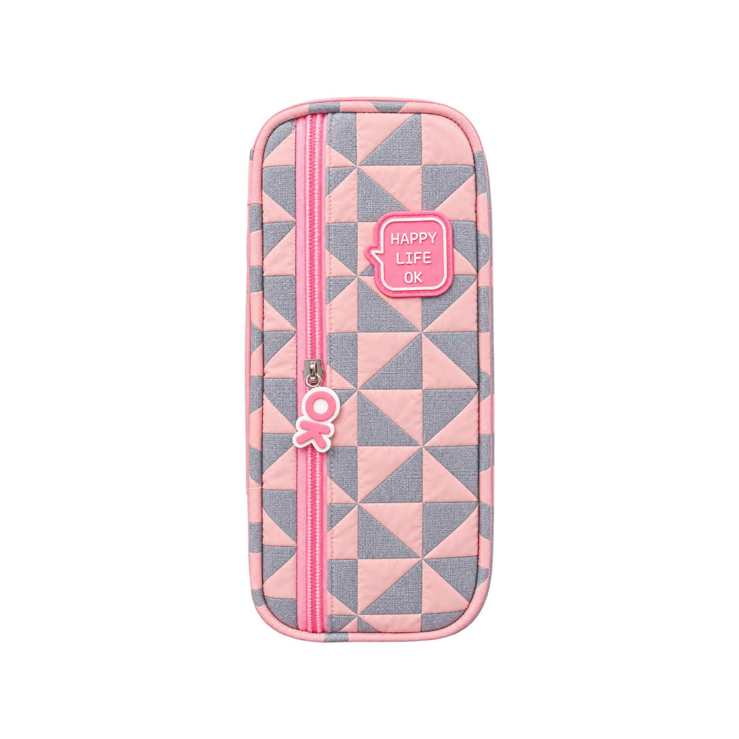 Elite Stationery House quilted pencil case in pink and grey with geometric pattern and Happy Life OK zipper charm