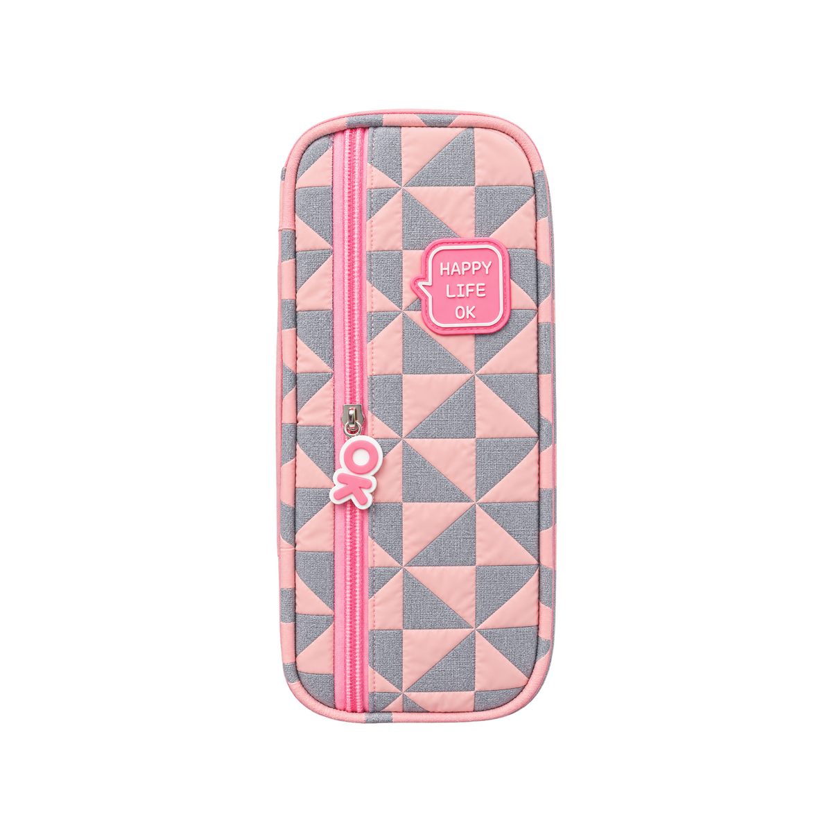 Elite Stationery House quilted pencil case in pink and grey with geometric pattern and Happy Life OK zipper charm