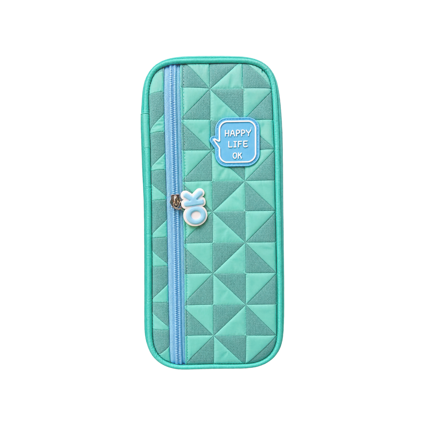 Elite Stationery House quilted teal pencil case with geometric pattern, zipper closure, and Happy Life OK patch.