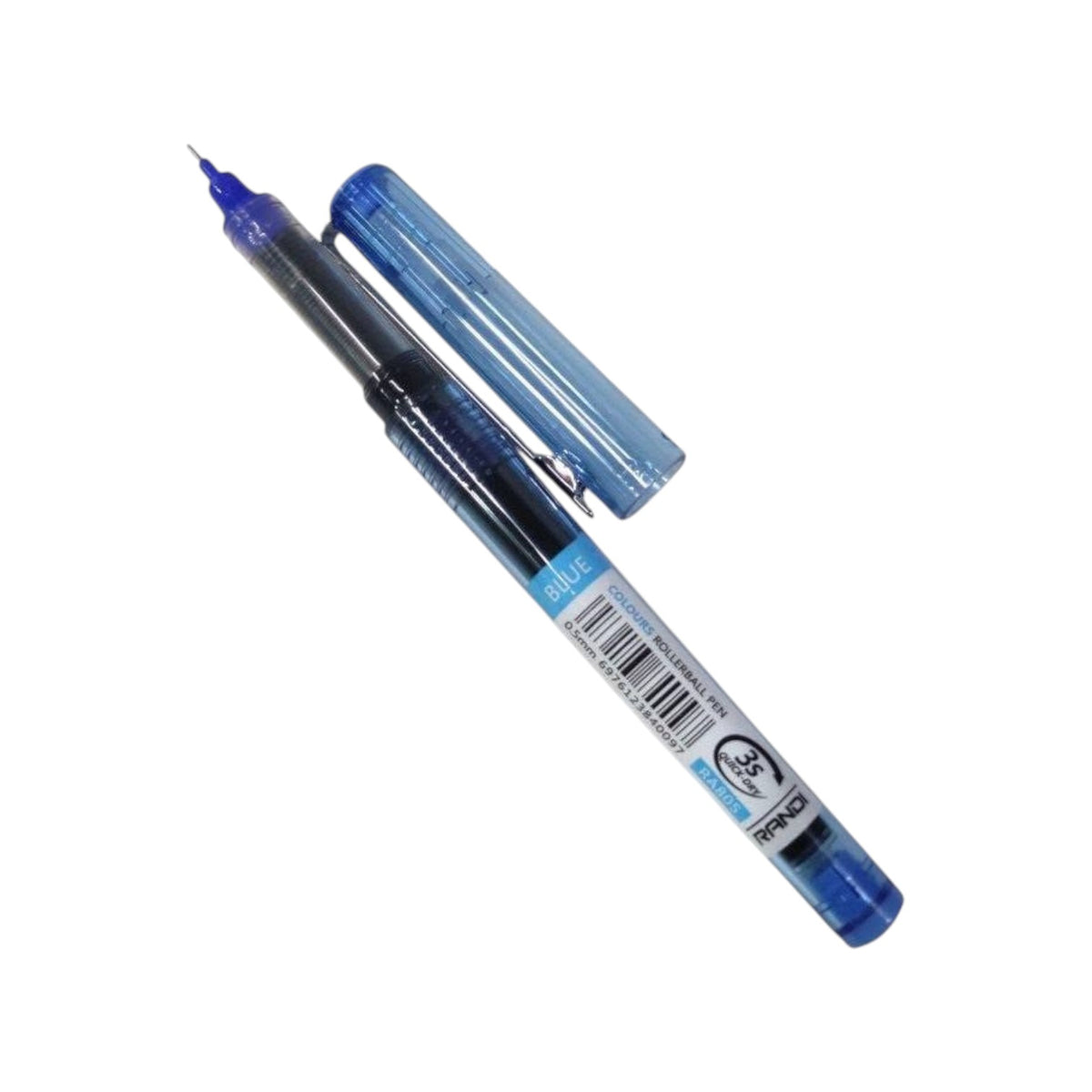 Elite Stationery House Randi 0.5mm blue rollerball gel pen with a transparent blue cap and ergonomic grip