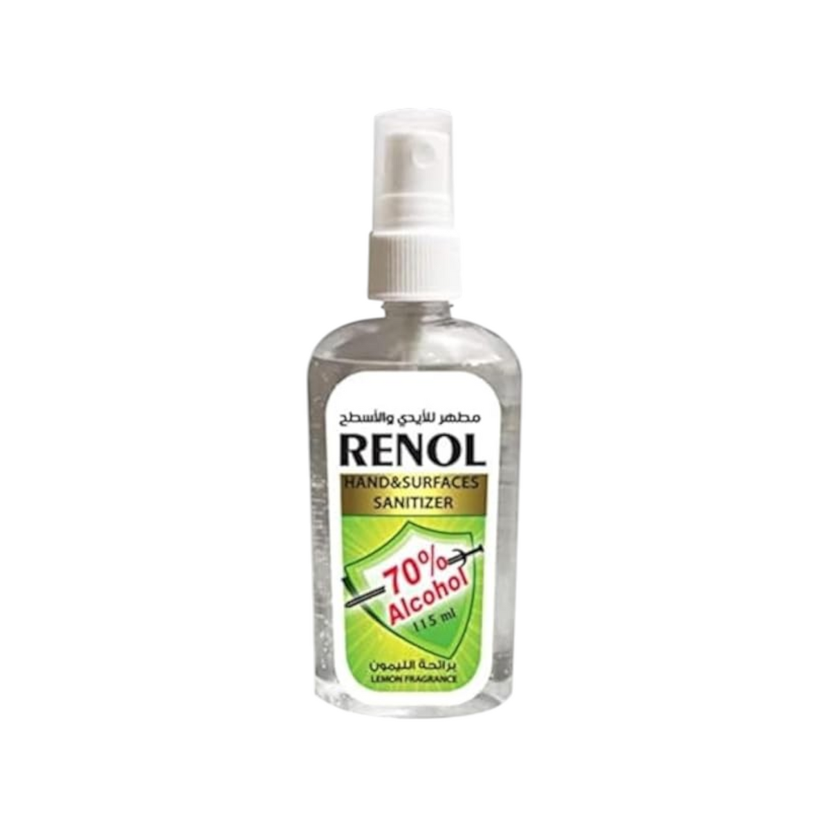 Elite Stationery House Renol 115ml alcohol sanitizer spray for hands and surfaces with a refreshing lemon fragrance.