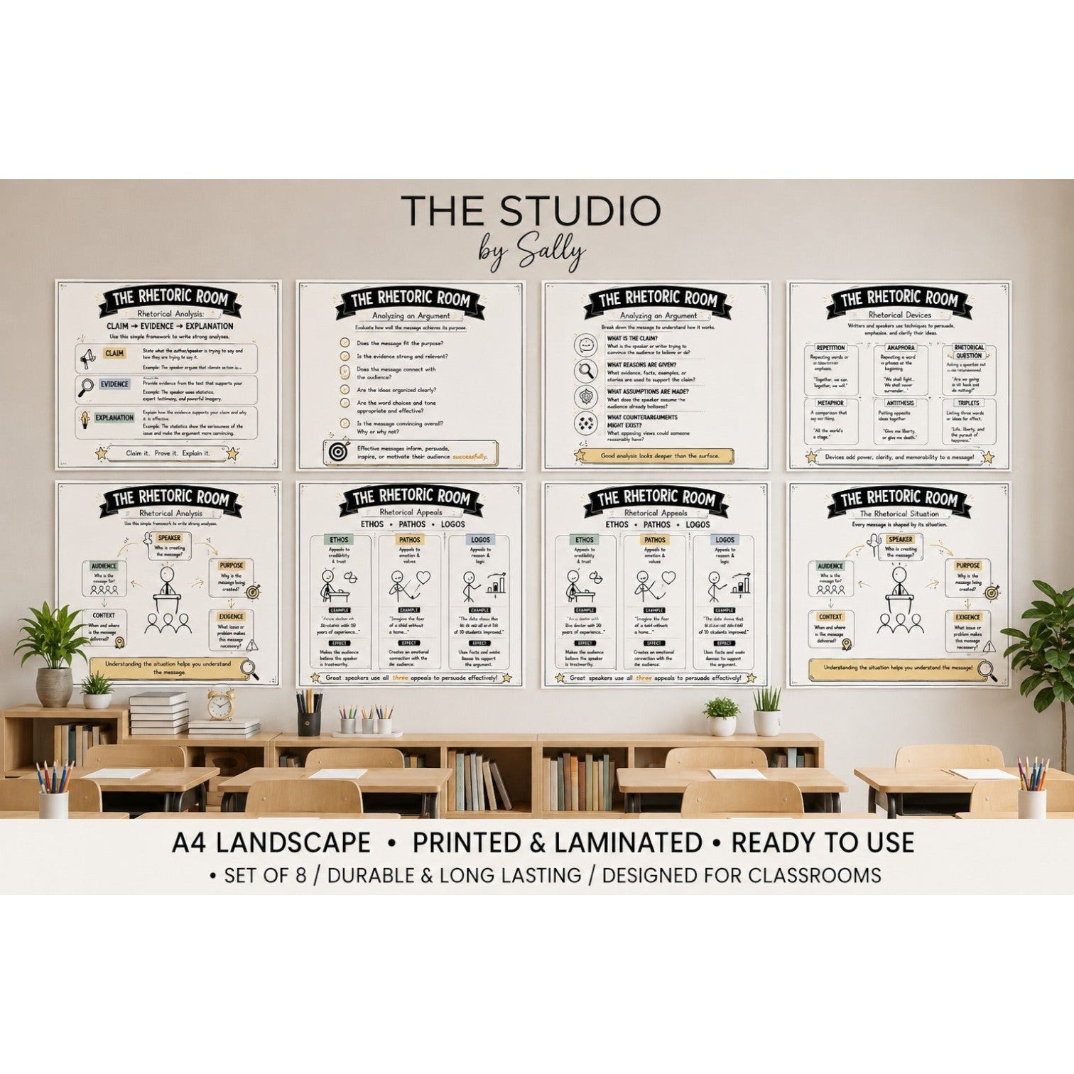 Elite Stationery House set of 8 A4 landscape educational posters for ELA classrooms featuring rhetorical concepts.