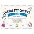 Elite Stationery House Curiosity Counts science award certificate with colorful science icons for student recognition
