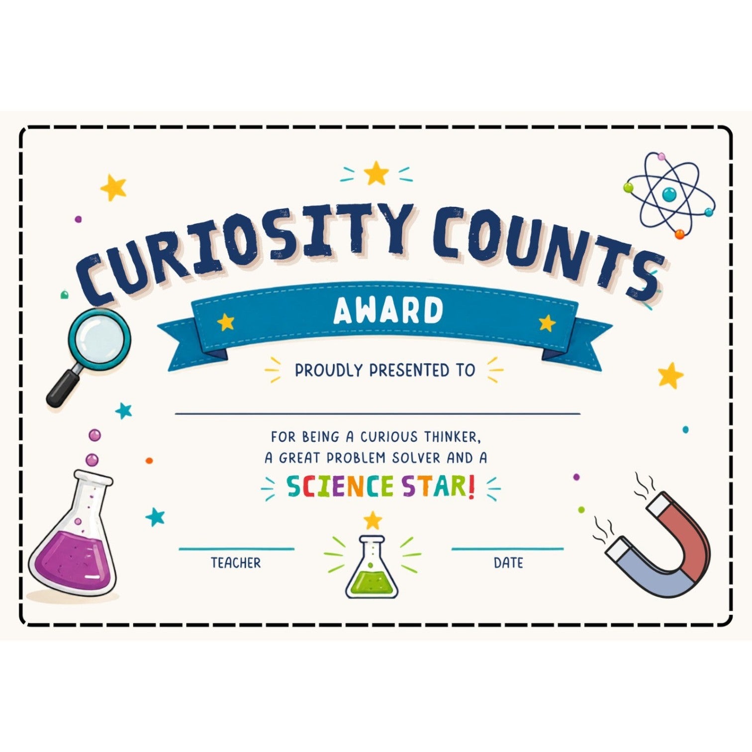 Elite Stationery House Curiosity Counts science award certificate with colorful science icons for student recognition