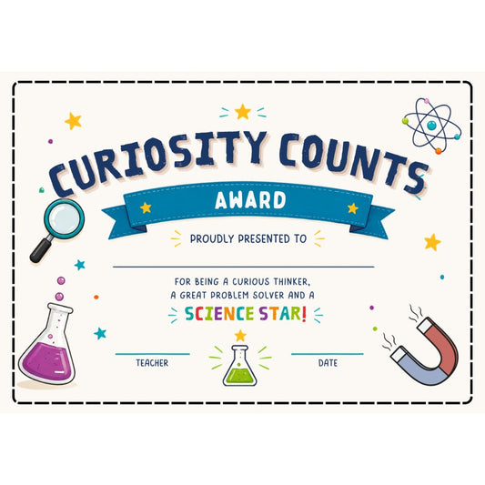 Elite Stationery House Curiosity Counts science award certificate with colorful science icons for student recognition
