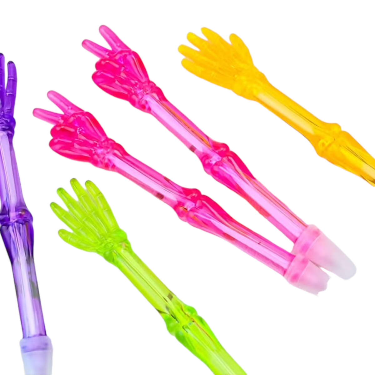 Elite Stationery House skeleton hand gel pens in assorted translucent neon colours with peace sign and open hand tops
