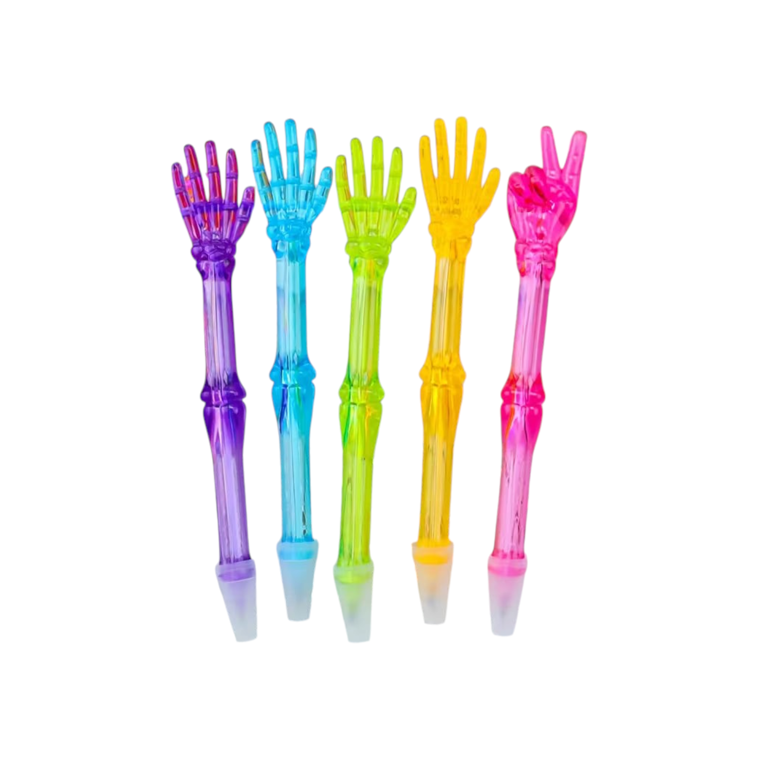 Elite Stationery House skeleton hand gel pens in assorted neon translucent colors with various hand gestures