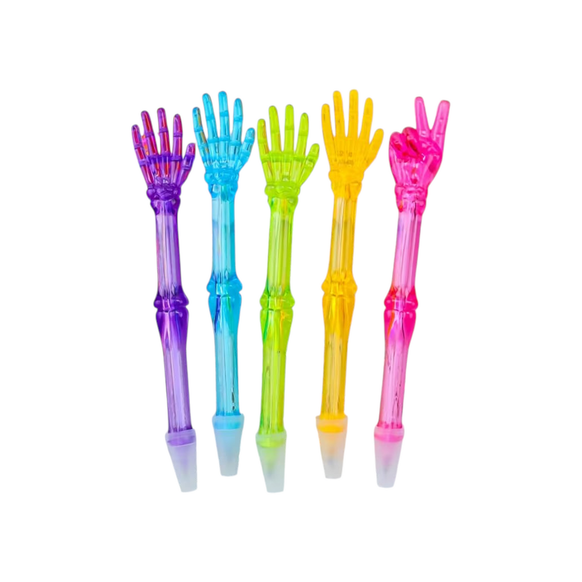 Elite Stationery House skeleton hand gel pens in assorted neon translucent colors with various hand gestures