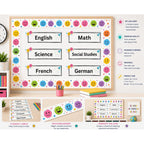 Elite Stationery House Smiley Faces classroom subject labels set of 6 with colorful confetti and smiley face borders