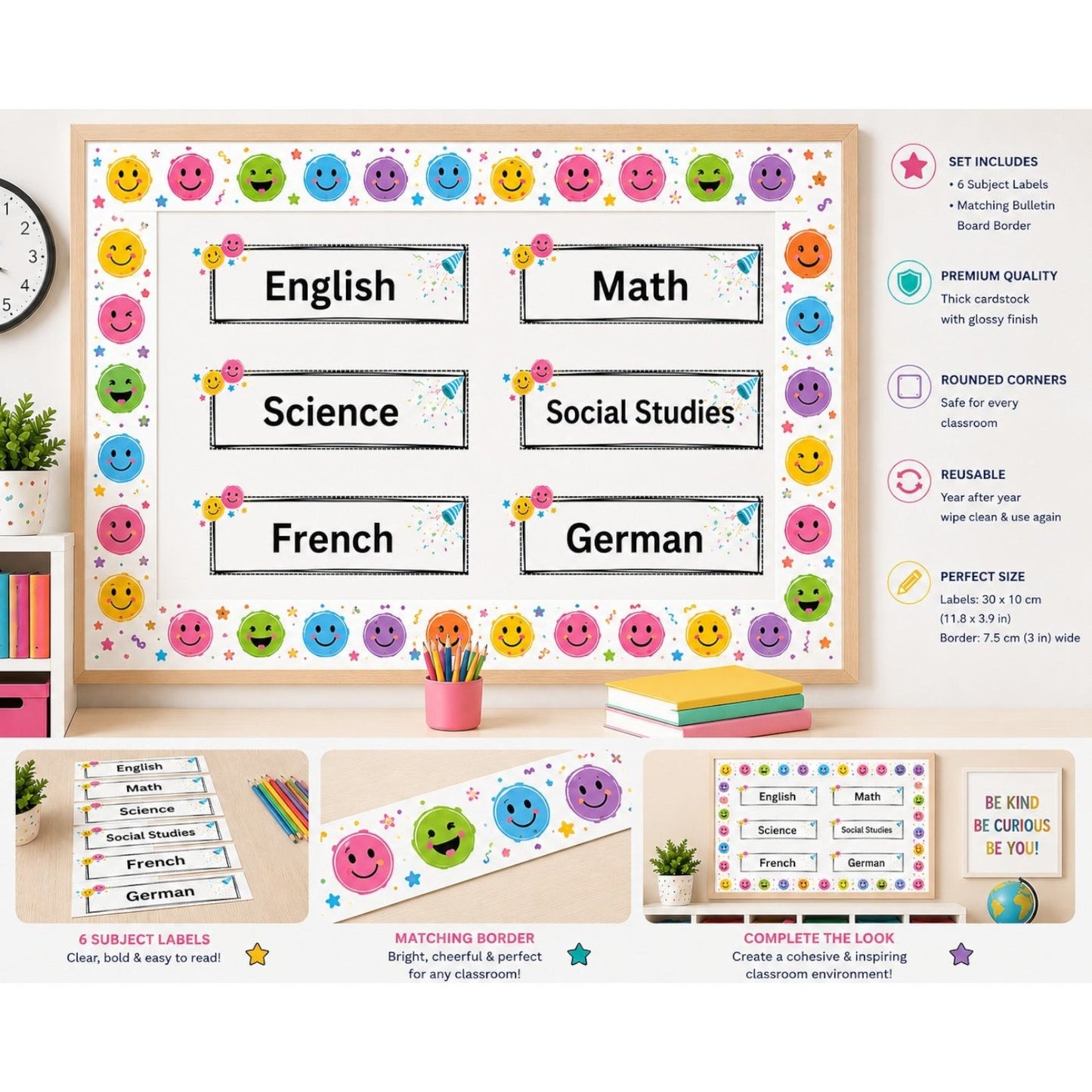 Elite Stationery House Smiley Faces classroom subject labels set of 6 with colorful confetti and smiley face borders