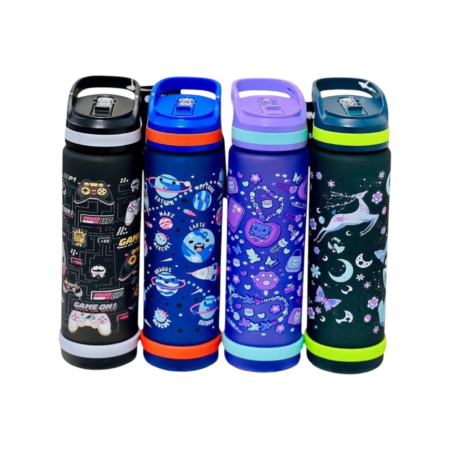Elite Stationery House 750ml Space Sipper water bottles for kids with strainers in four colorful patterned designs.