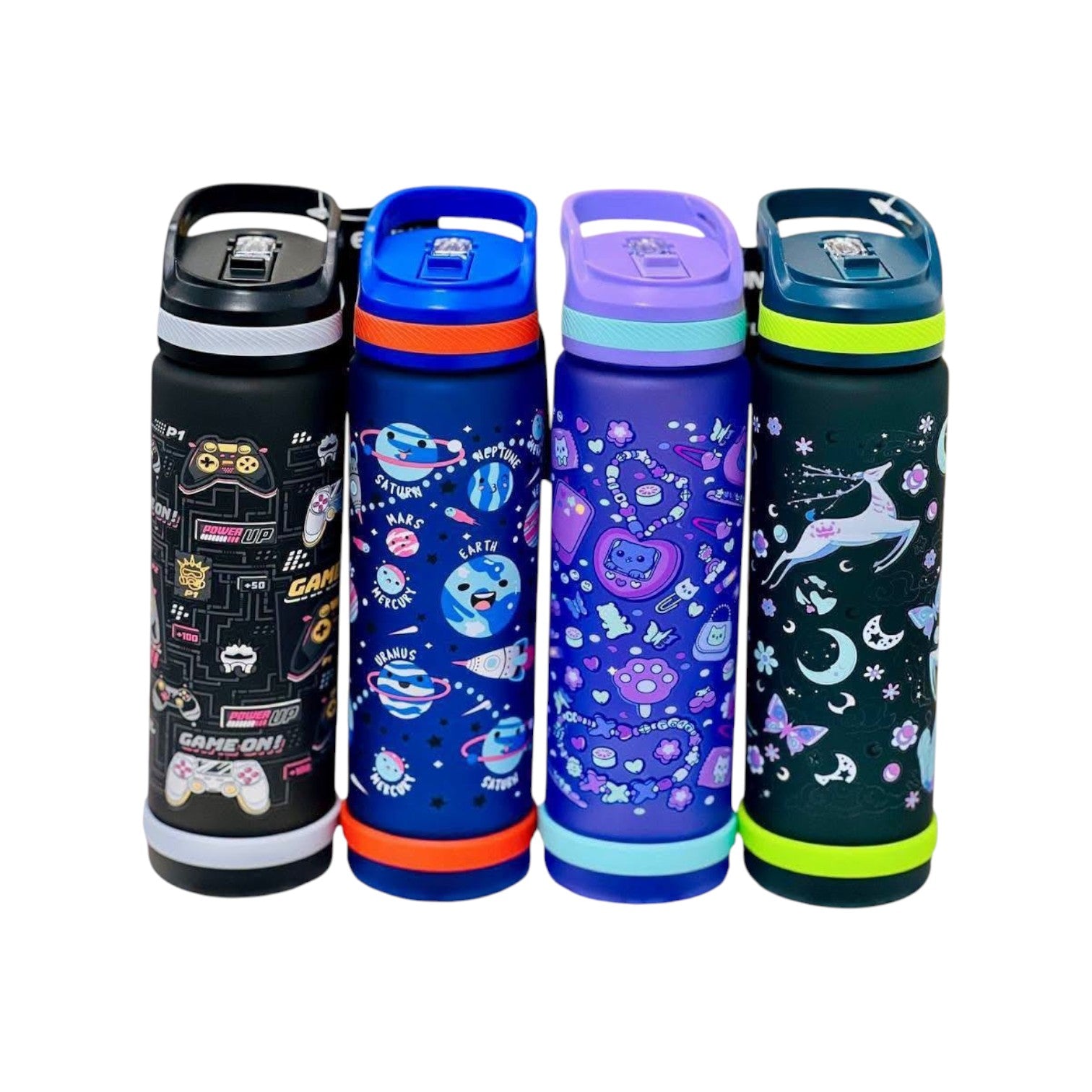 Elite Stationery House 750ml Space Sipper water bottles for kids with strainers in four colorful patterned designs.