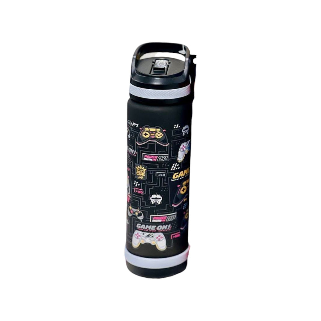 Elite Stationery House 750ml Space Sipper water bottles for kids with strainers in black, blue, and purple designs.