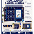 Elite Stationery House space-themed classroom subject labels set with astronaut and star designs on a bulletin board.