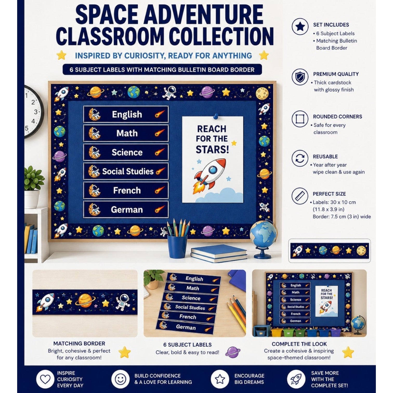 Elite Stationery House space-themed classroom subject labels set with astronaut and star designs on a bulletin board.
