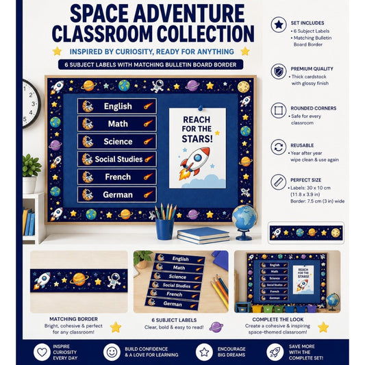 Elite Stationery House space-themed classroom subject labels set with astronaut and star designs on a bulletin board.