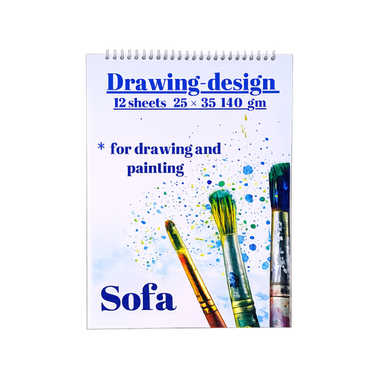 Elite Stationery House spiral-bound drawing sketchbook with 12 sheets of 140gsm white acid-free paper, 25x35cm.