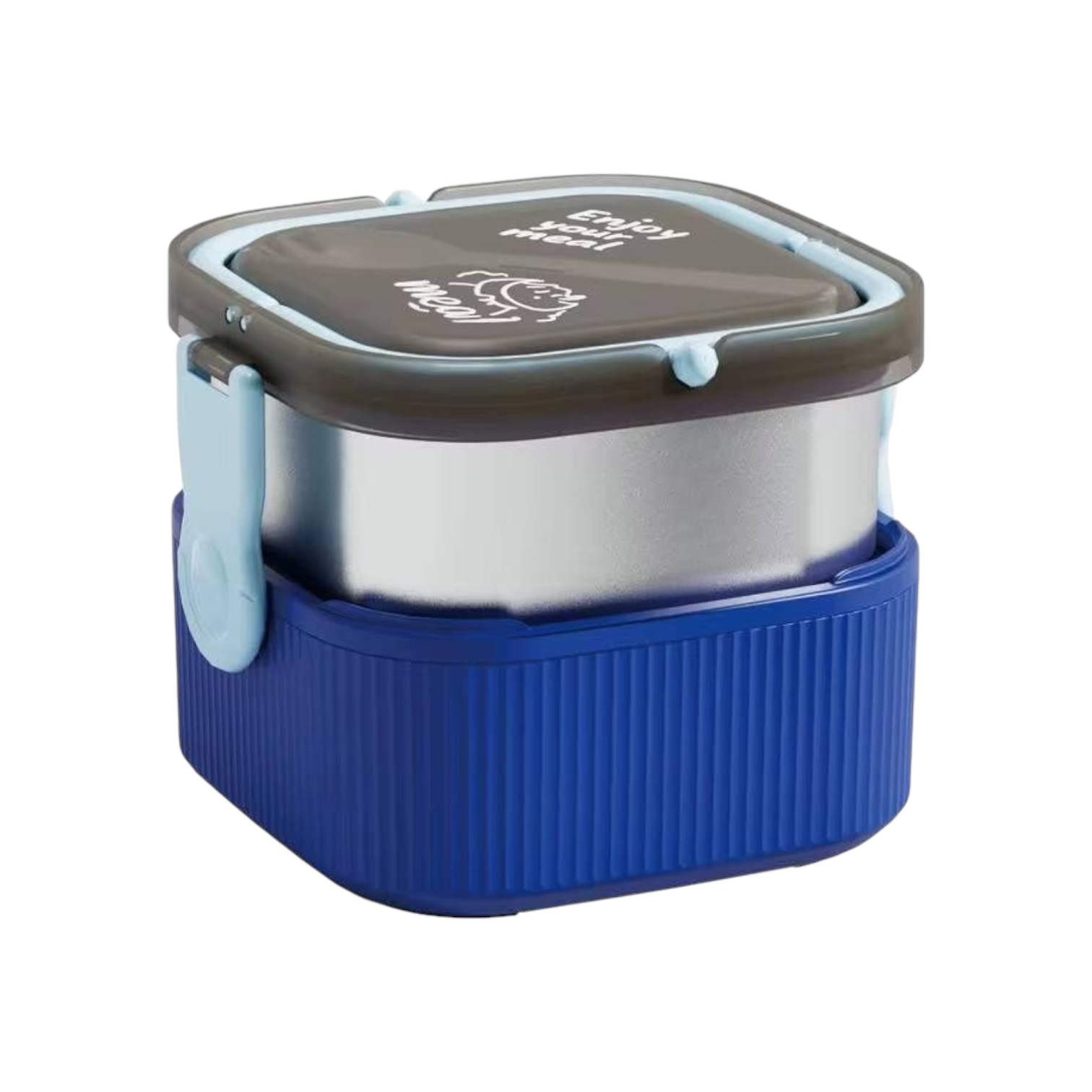 Elite Stationery House 2-layer stainless steel lunch box with a blue base, locking lid, and Enjoy Your Meal print.