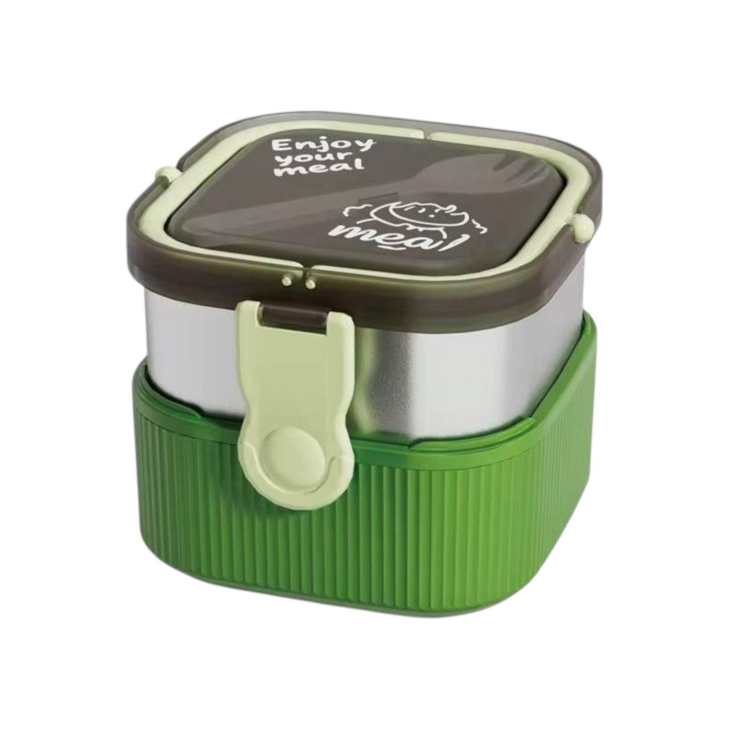 Elite Stationery House 2-layer stainless steel lunch box with green base, locking lid, and built-in spoon.