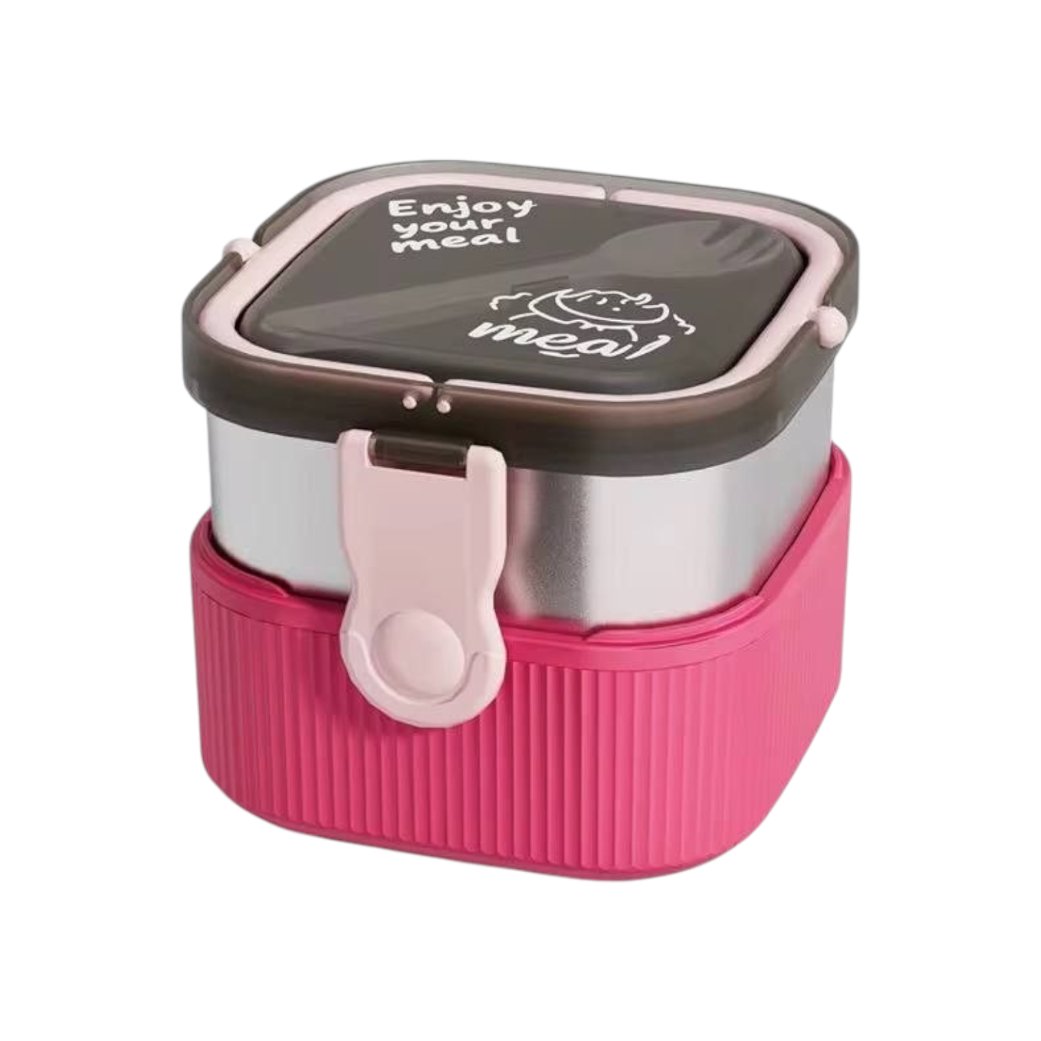 Elite Stationery House 2-layer stainless steel lunch box in pink with a leak-resistant lid and built-in spoon.
