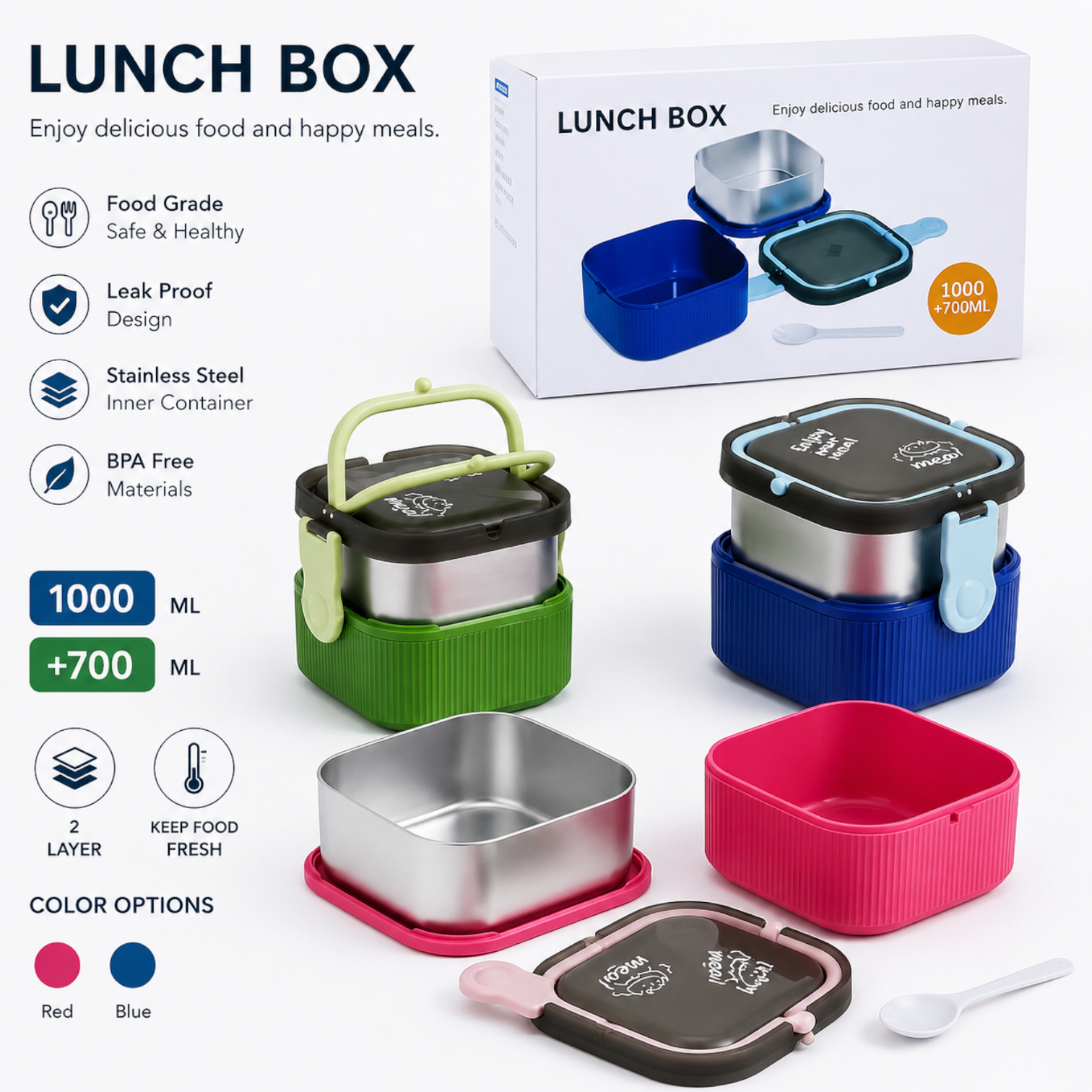 Elite Stationery House 2-layer stainless steel lunch box with leak-proof lid, carry handle, and included spoon.