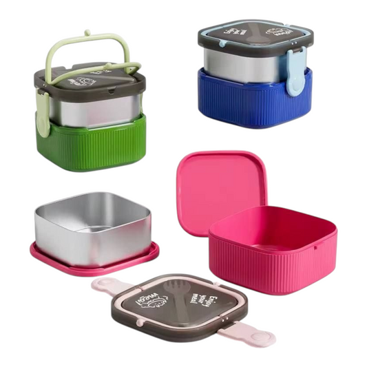 Elite Stationery House 2-layer stainless steel and BPA-free plastic lunch box set with locking lids and built-in spoon.