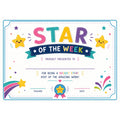 Elite Stationery House Star of the Week certificate with colorful cartoon stars and festive confetti design