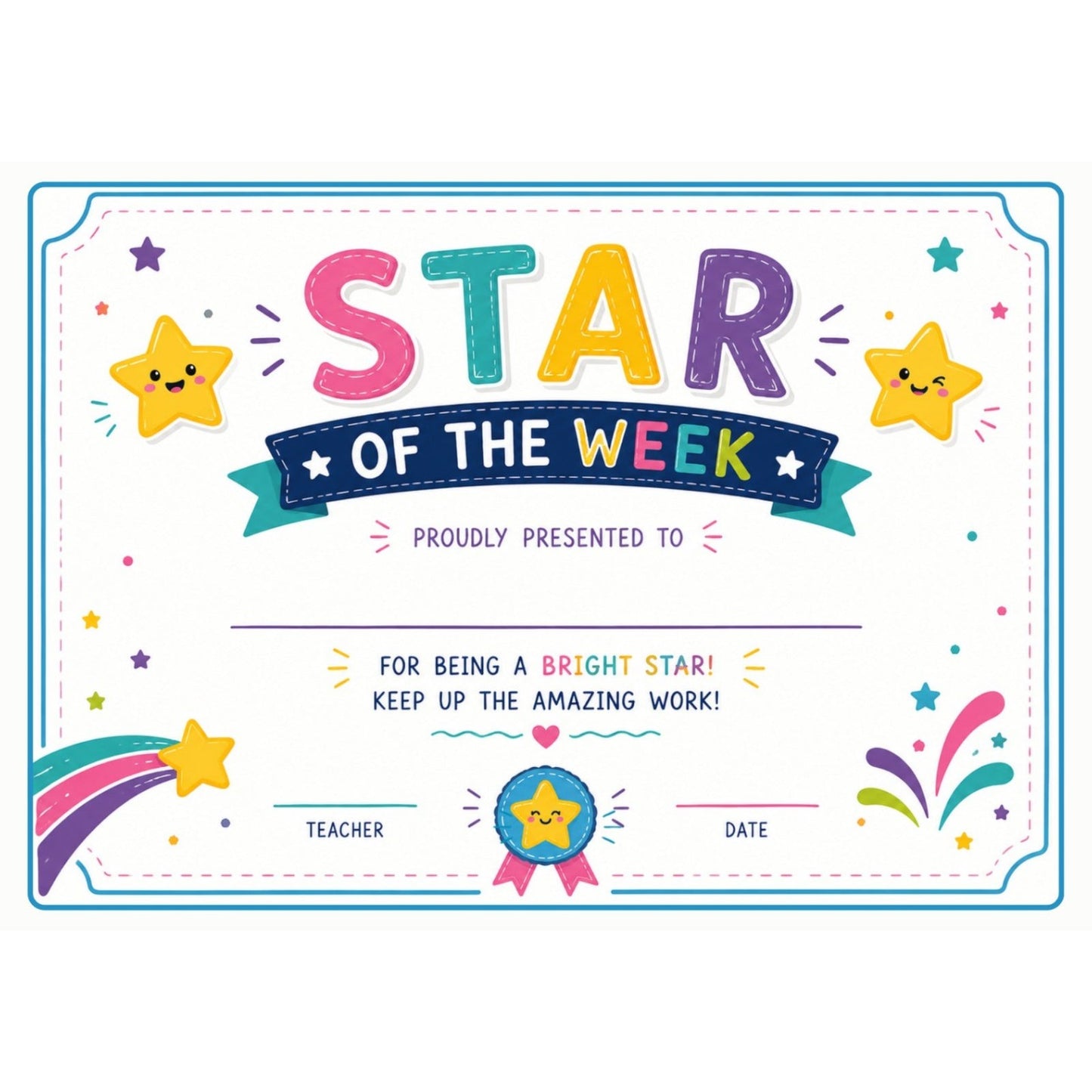 Elite Stationery House Star of the Week certificate with colorful cartoon stars and festive confetti design
