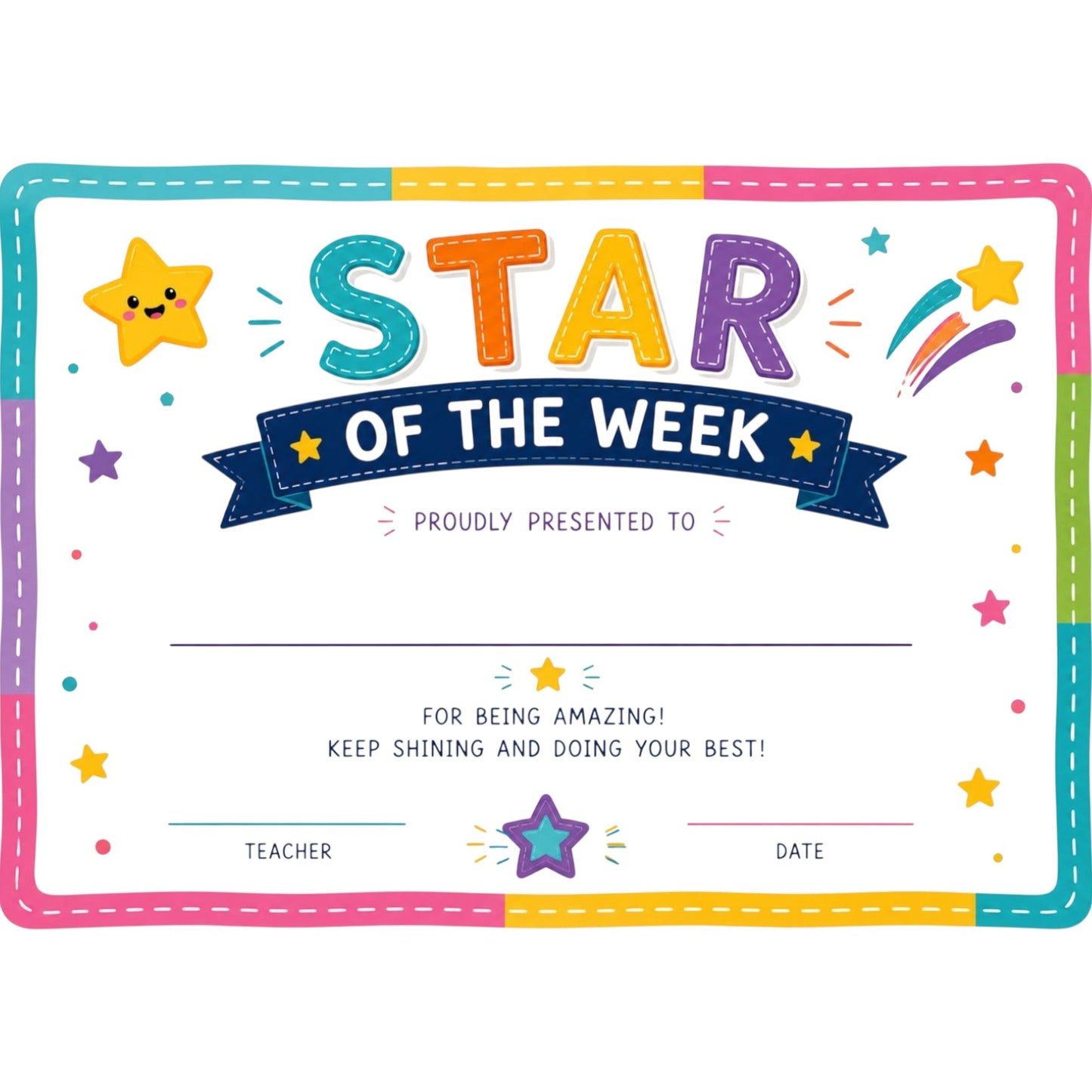 Elite Stationery House Star of the Week 2 certificate with colorful star illustrations and space for personalization.