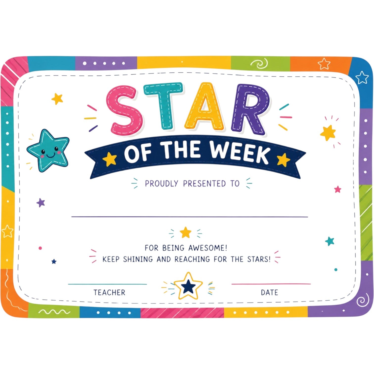 Elite Stationery House Star of the Week award certificate with colorful border and cute star character illustration
