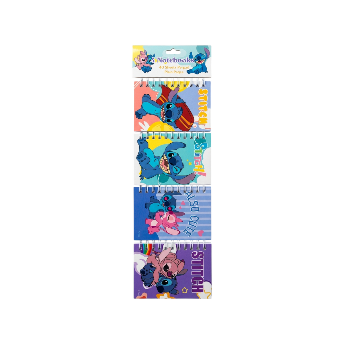 Elite Stationery House set of 4 mini spiral notebooks featuring colourful Stitch and Angel character designs