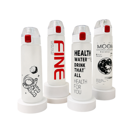 Elite Stationery House 800ml transparent sports water bottles with aesthetic cartoon and text prints on white stands