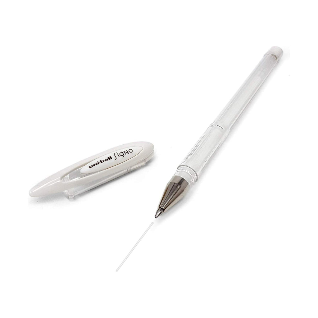 Elite Stationery House Uni-ball Signo gel rollerball pen with white ink and a clear barrel on a white background.