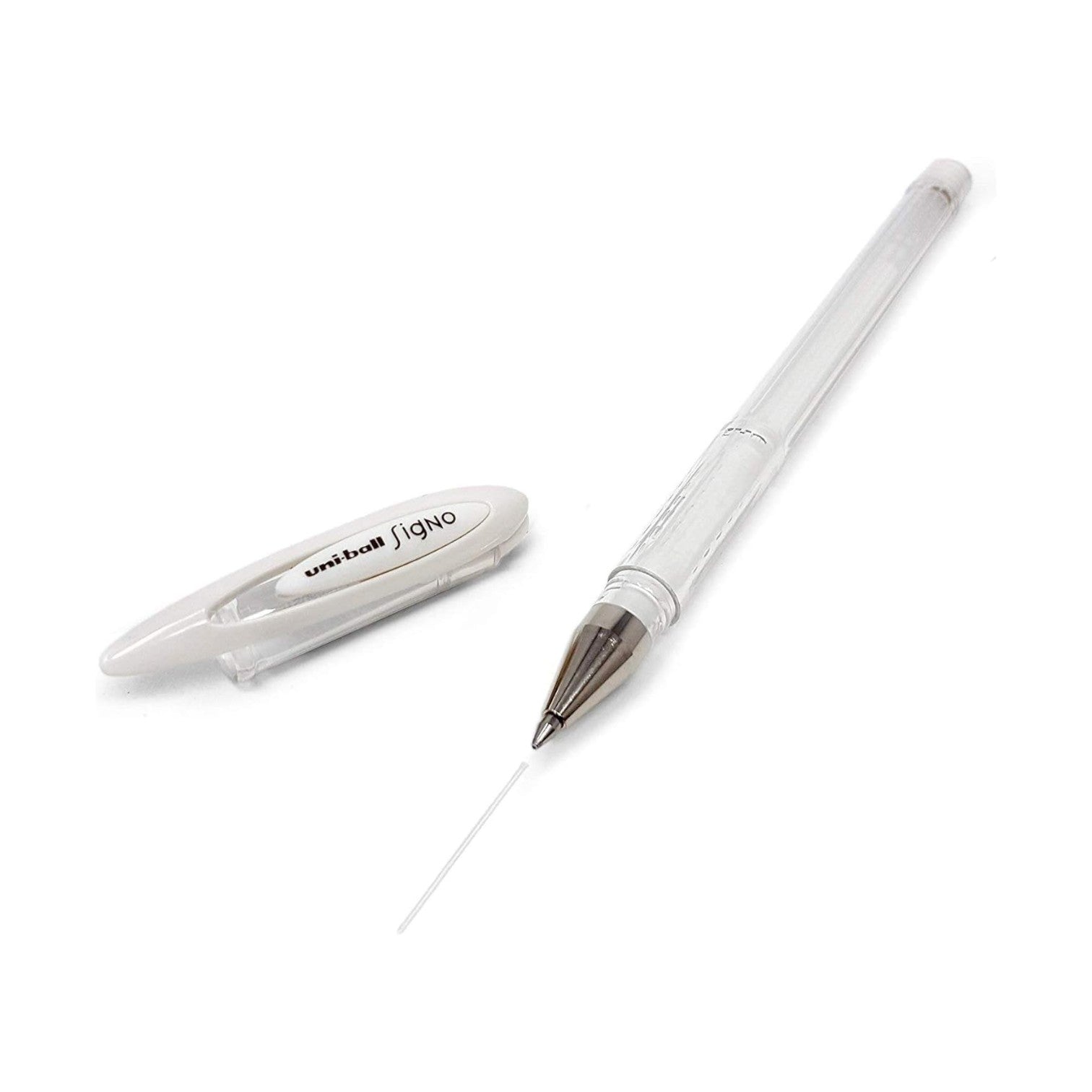 Elite Stationery House Uni-ball Signo gel rollerball pen with white ink and a clear barrel on a white background.