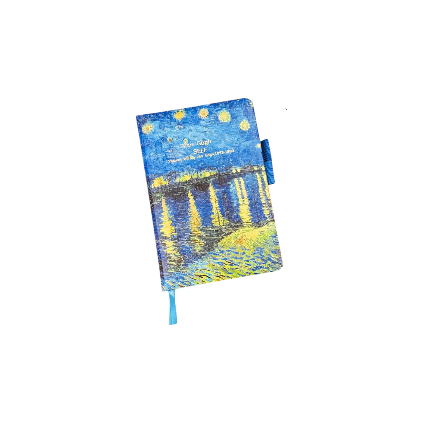 Elite Stationery House A6 hard cover notebook featuring Van Gogh Starry Night over the Rhone art with a blue ribbon