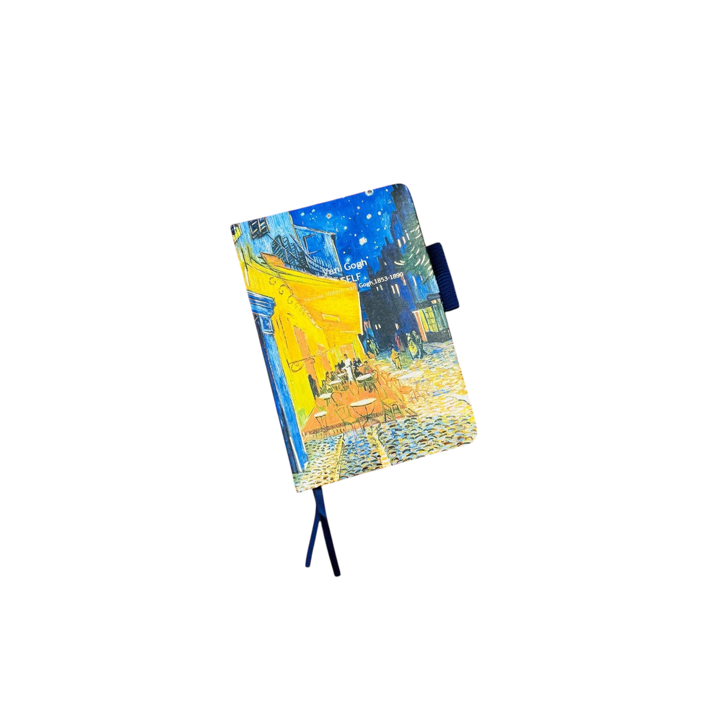 Elite Stationery House A6 hard cover notebook featuring Van Gogh's Cafe Terrace at Night painting with blue ribbon