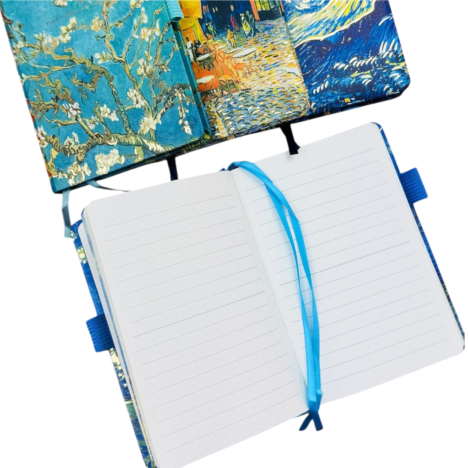 Elite Stationery House A6 hard cover notebook featuring Van Gogh art prints with lined pages and a blue ribbon marker