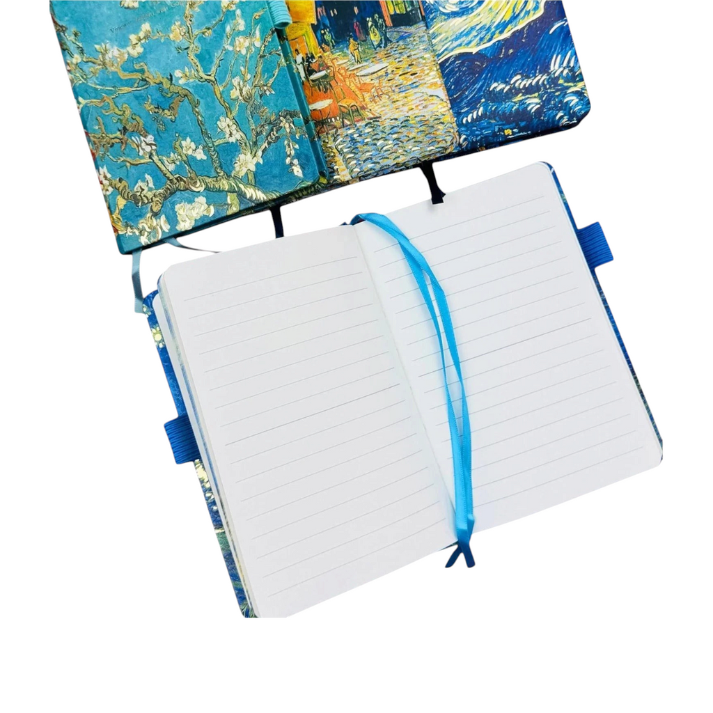 Elite Stationery House Van Gogh A6 journal set featuring artistic covers, lined pages, and a blue ribbon bookmark.